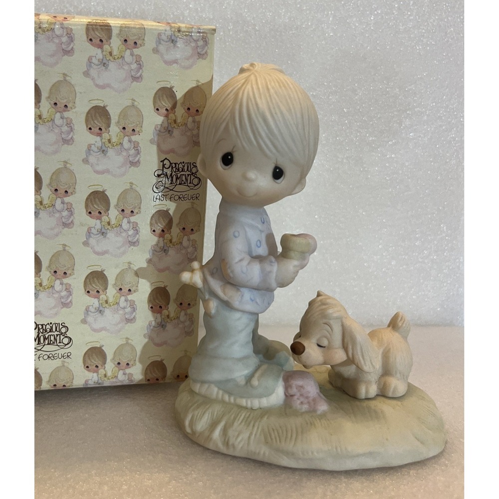 Precious Moments Enesco 1978 Figurine Praise The Lord Anyhow‎ Boy W/Dog E-1374/B
